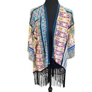 Flying Tomato Boho Indie Multicolor Open Front Kimono Fringe Long Cardigan